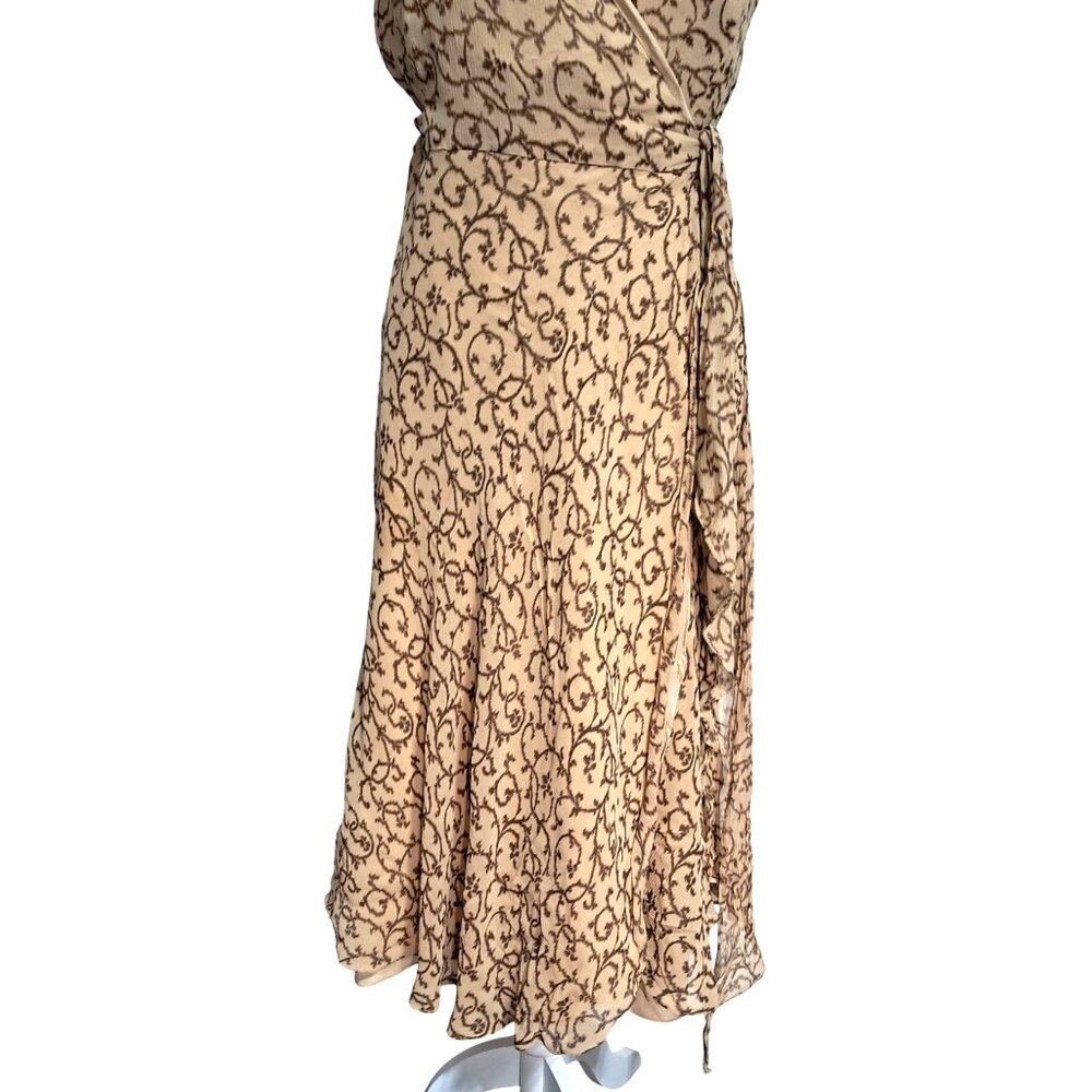 Lauren Ralph Lauren Tan & Brown Silk Wrap Dress Womens Size 12 Sleeveless Midi L - Picture 6 of 10